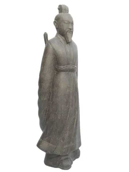 Product image of the product “Standing Samurai with sword on the back. 160cm height, cast stone, hollow, handcrafted & coloured ”